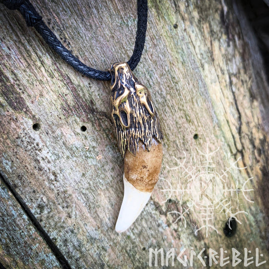 Wolf Fang Viking Pendant, Tusk Pagan Pendant, Tribal Bronze Amulet Necklace