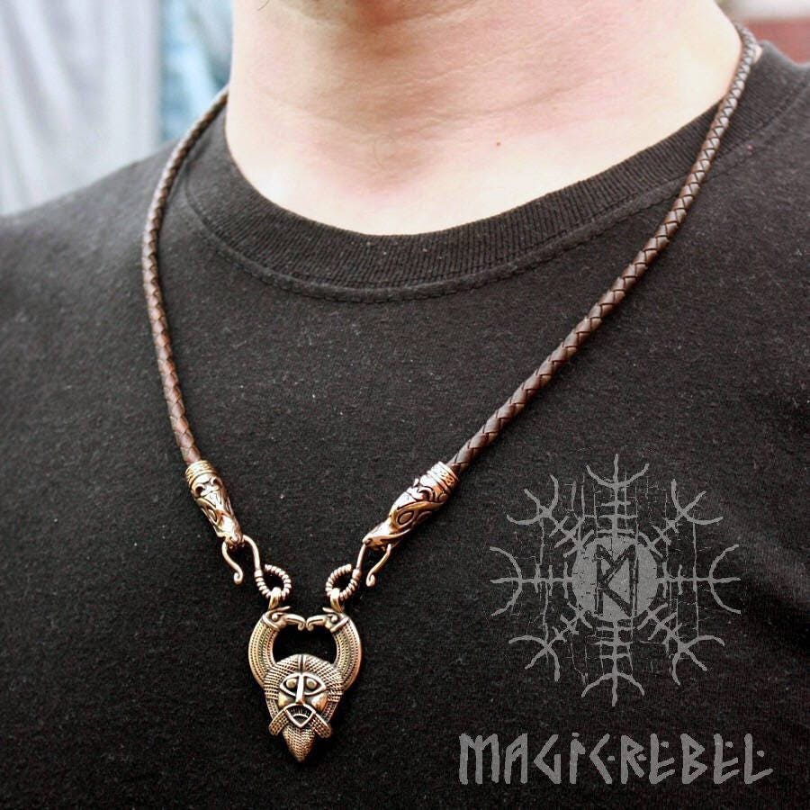 Viking Pendant Odin Huginn Muninn Ravens Gungnir Rune Gar Spear Pendant Wolf Heads Braided Leather Cord Necklace