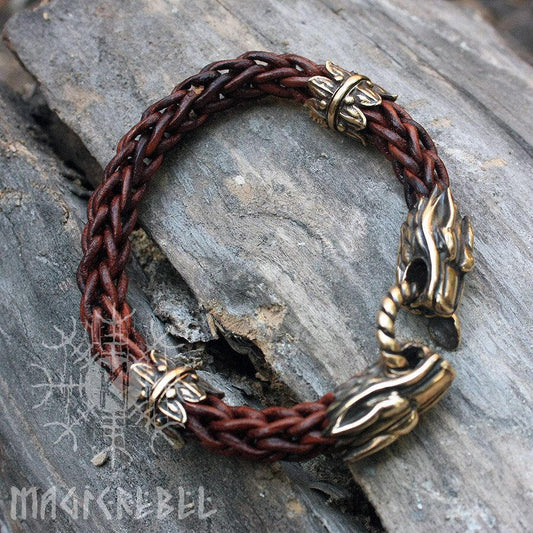 Viking Handmade Braided Brown Round Genuine Leather Bracelet with Bronze Wolf Heads