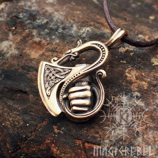 Viking Sekira Axe Dragon Pendant, Tiwaz Rune Nordic Bronze Necklace