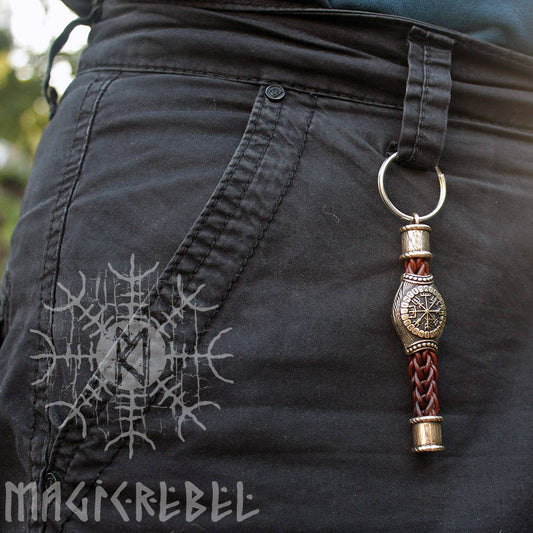 Bronze Vegvisir Aegishjalmur Bead Handmade Braided Brown Genuine Leather Keychain Zipper Charm