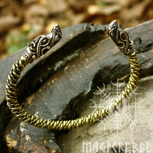 Viking Wolf Heads Ragnar Nordic Handmade Bronze & Brass Twisted Wire Arm Ring Bracelet