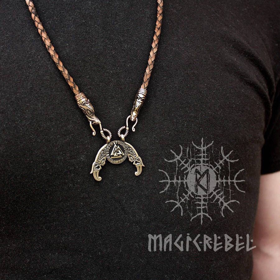 Viking pendant Valknut Futhark Odin Triple Horn Triskele Ravens Huggin Munnin Vikings Pendant Wolf Heads Leather Necklace Bronze