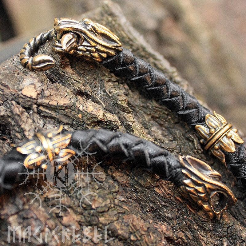 Viking Wolf Heads Braided Genuine Leather Necklace, Bronze Leather Necklace