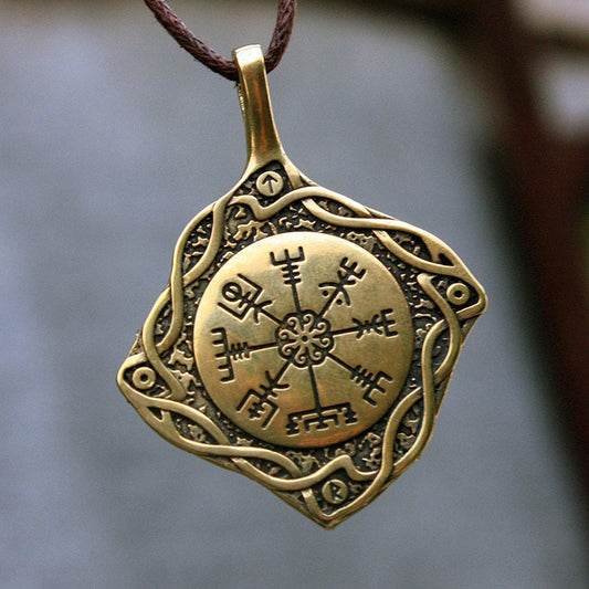 Vegvisir Viking Bronze Pendant Compass, Icelandic Magic Stave Runic Nordic Necklace