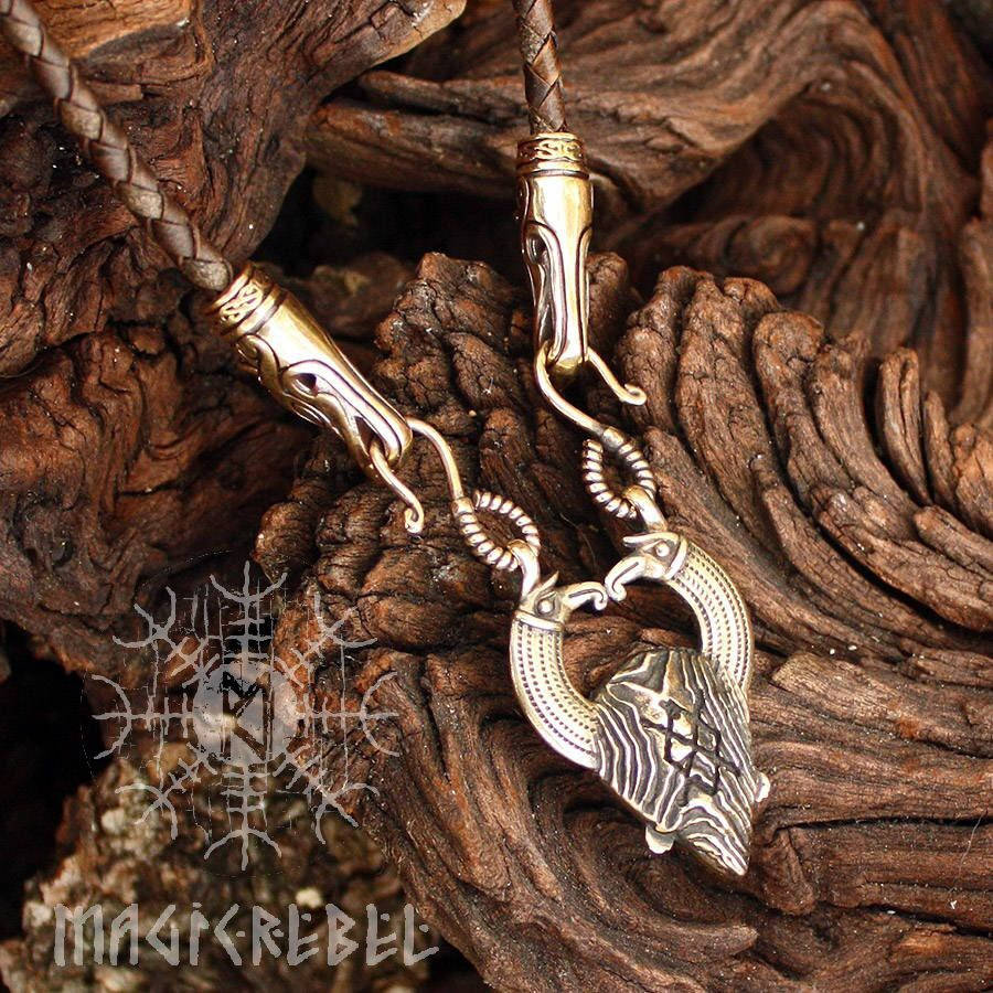 Viking Pendant Odin Huginn Muninn Ravens Gungnir Rune Gar Spear Pendant Wolf Heads Braided Leather Cord Necklace
