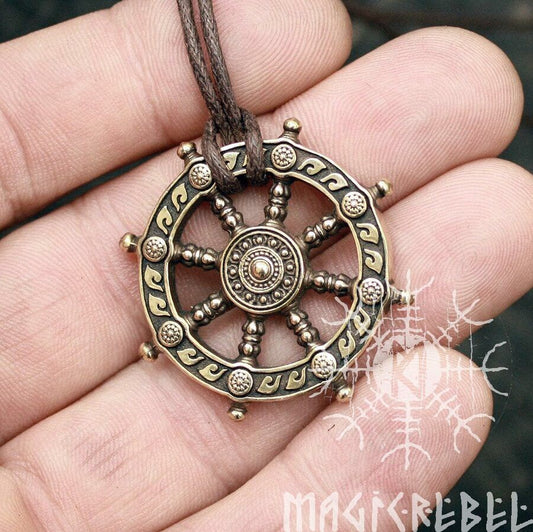 Dharma Necklace, Dharmachakra, Wheel of Life, Samsara Bronze Amulet, Buddhist Talisman Pendant