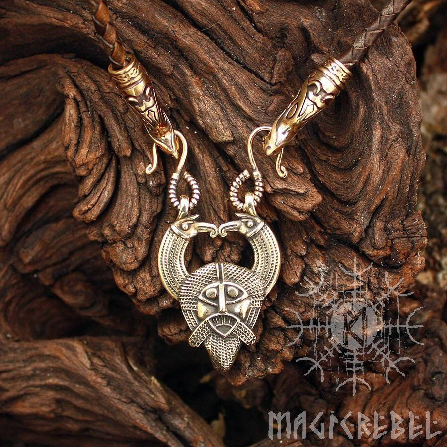 Viking Pendant Odin Huginn Muninn Ravens Gungnir Rune Gar Spear Pendant Wolf Heads Braided Leather Cord Necklace