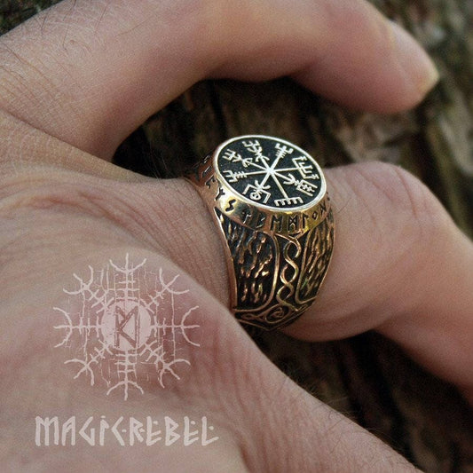 Viking Ring Vegvisir Futhark Runes Compass Magic Stave Nordic Adjustable Size Bronze