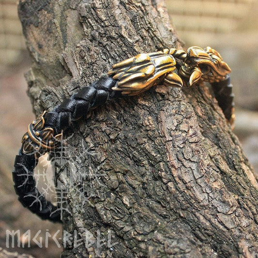 Viking Handmade Braided Black Genuine Leather Bracelet with Bronze Wolf Heads