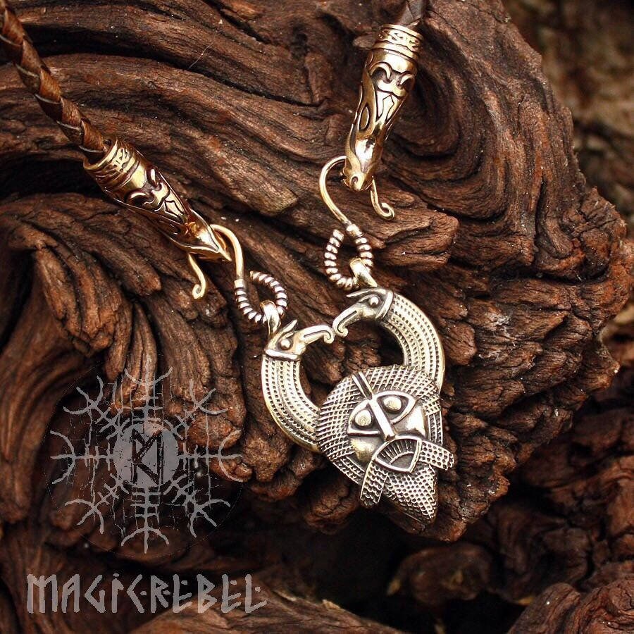 Viking Pendant Odin Huginn Muninn Ravens Gungnir Rune Gar Spear Pendant Wolf Heads Braided Leather Cord Necklace