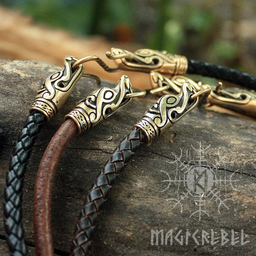 Viking Genuine Leather Double Loop Bracelet with Bronze Wolf Heads, Braided & Round Three Colors