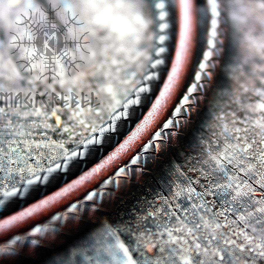 Viking Genuine Leather Double Loop Bracelet with Bronze Wolf Heads, Braided & Round Three Colors