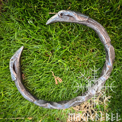 Forged Iron Arm Ring with Ravens, Odin Medieval Nordic Torc Bracelet
