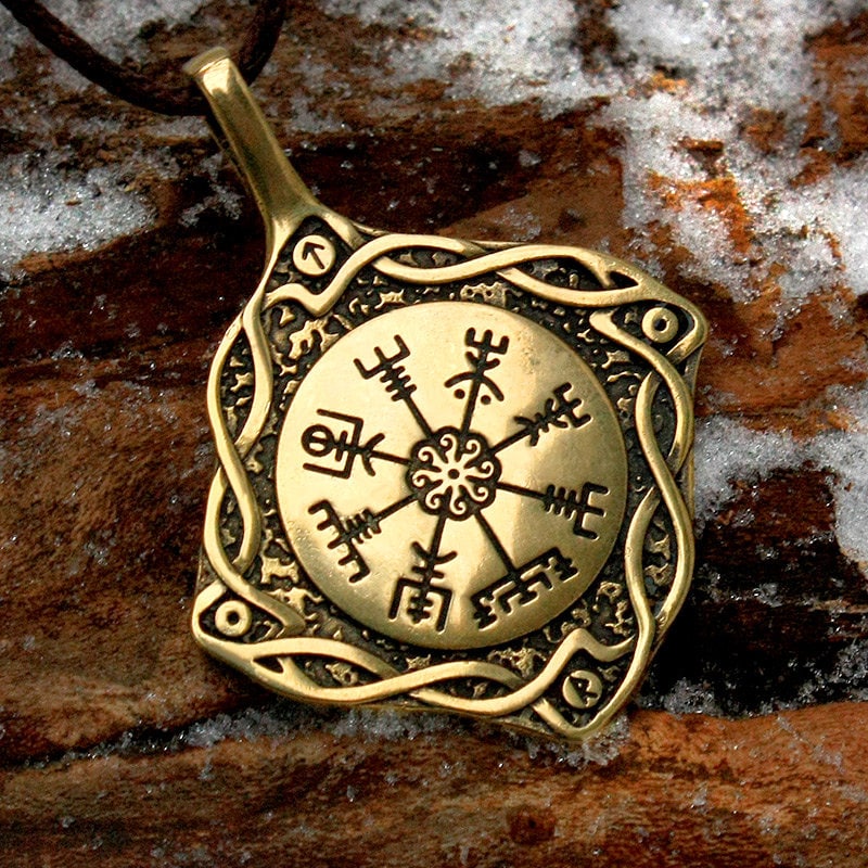 Vegvisir Viking Bronze Pendant Compass, Icelandic Magic Stave Runic Nordic Necklace