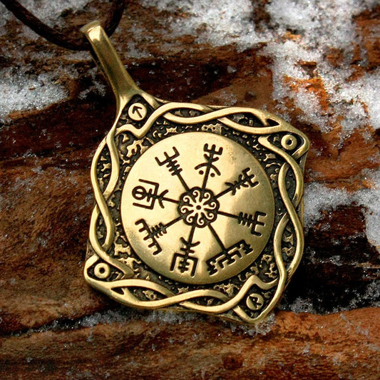 Vegvisir Viking Bronze Pendant Compass, Icelandic Magic Stave Runic Nordic Necklace