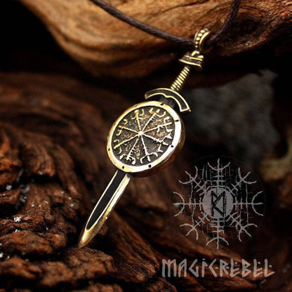 Viking Vegvisir Pendant, Aegishjalmur Pendant, Sword and Shield Protection Amulet, Nordic Necklace