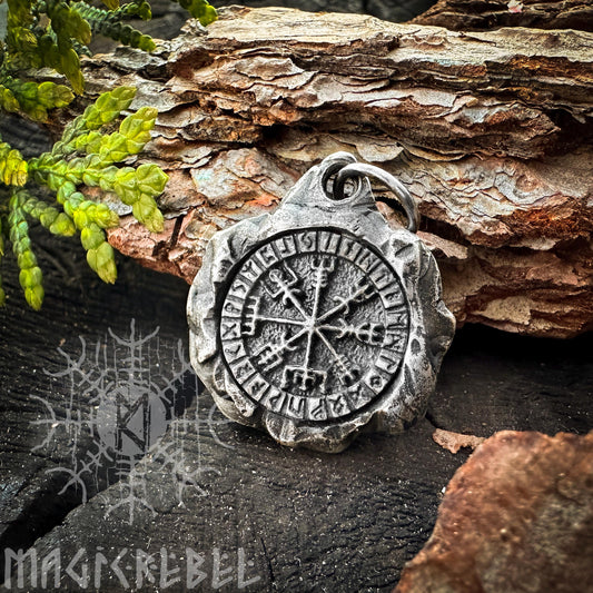 Vegvisir Pendant, Viking Compass, Magic Stave, Runes, Futhark, Silver & Bronze Viking Amulet, Talisman Necklace | Handmade by MagicRebel