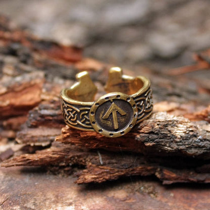 Tiwaz Sowilo Runes Viking Ring, Mjolnir Thor Hammer Bronze Amulet, Nordic Adjustable size