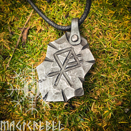 Forged Iron Wolf Rune Pendant, Viking Fenrir Runic Amulet, Nordic Rustic Hammered Talisman Necklace