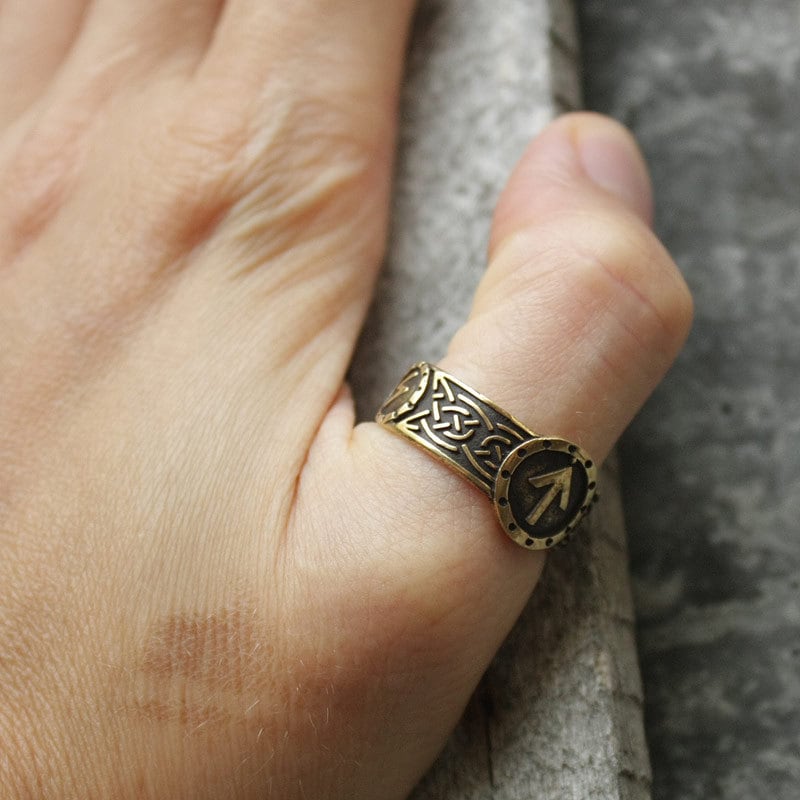 Tiwaz Sowilo Runes Viking Ring, Mjolnir Thor Hammer Bronze Amulet, Nordic Adjustable size