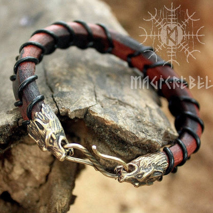 Viking Wolf Head Bracelet Handmade Bronze Fenrir Braided Genuine Leather Cuff