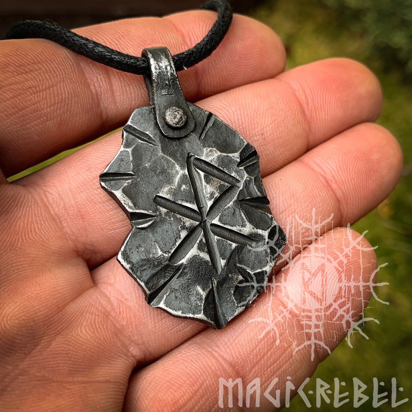 Forged Iron Love Rune Pendant, Viking Runic Amulet, Nordic Rustic Hammered Talisman Necklace