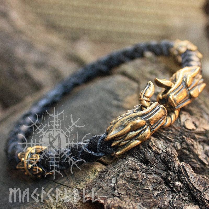 Viking Handmade Braided Black Genuine Leather Bracelet with Bronze Wolf Heads