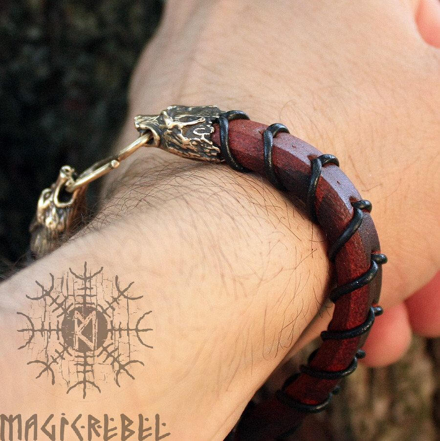 Viking Wolf Head Bracelet Handmade Bronze Fenrir Braided Genuine Leather Cuff