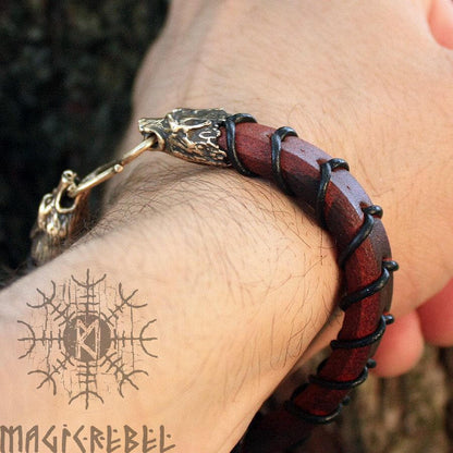 Viking Wolf Head Bracelet Handmade Bronze Fenrir Braided Genuine Leather Cuff