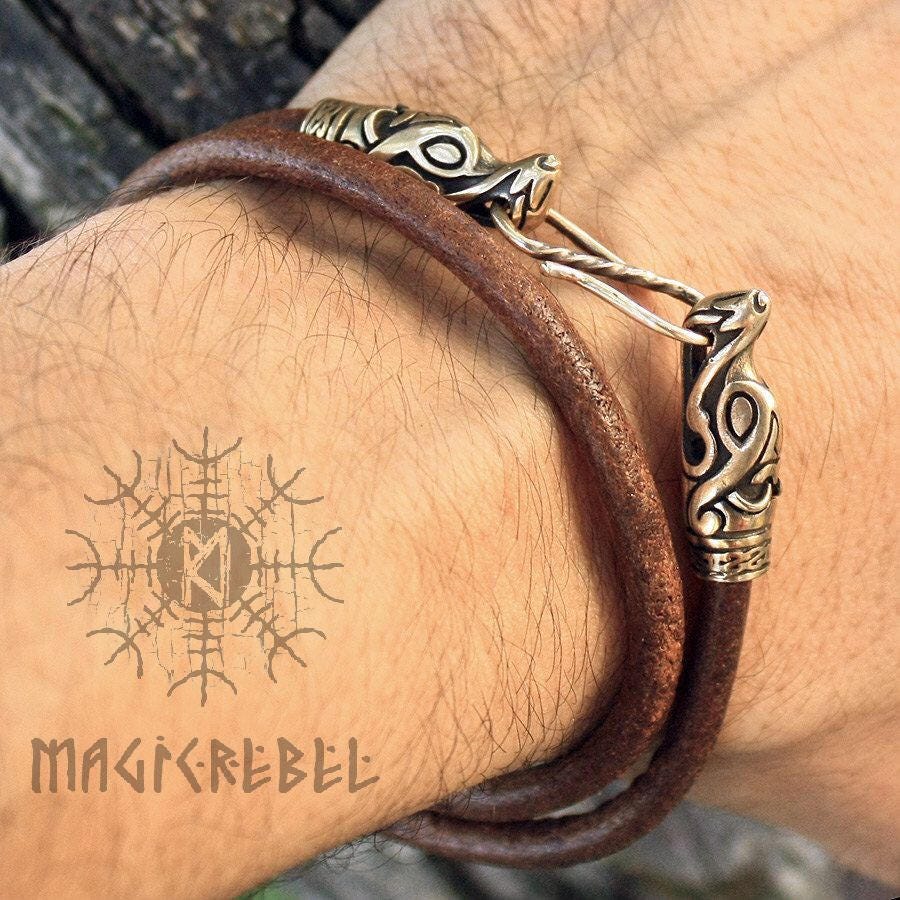 Viking Genuine Leather Double Loop Bracelet with Bronze Wolf Heads, Braided & Round Three Colors