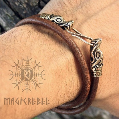Viking Genuine Leather Double Loop Bracelet with Bronze Wolf Heads, Braided & Round Three Colors