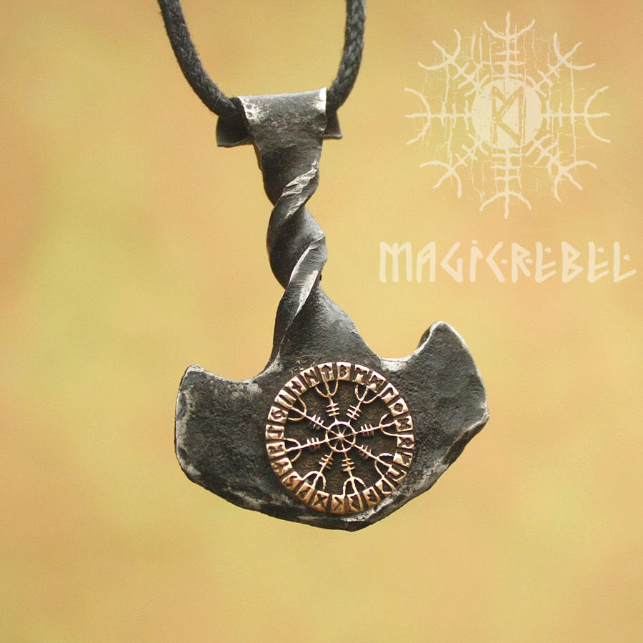 Forged Iron Thor Hammer Viking Mjolnir Bronze Aegishjalmur Helm of Awe Futhark Handmade Pendant