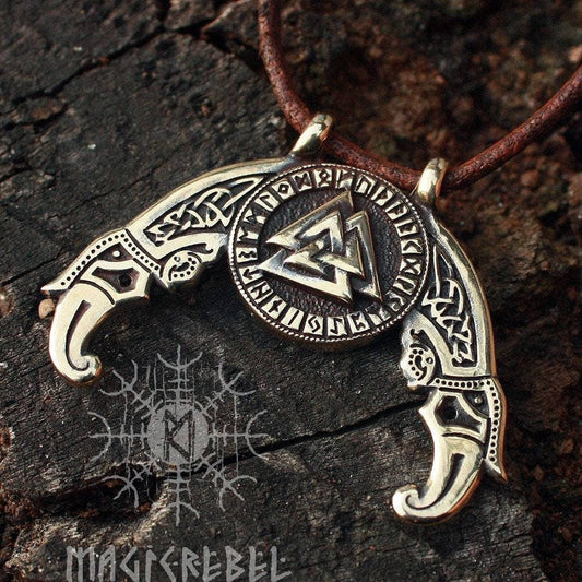 Viking Pendant Valknut Futhark Odin Triple Horn Triskele Ravens Huggin Munnin Nordic Bronze Necklace