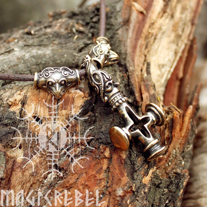 Mjolnir Thor Hammer Olaf Cross Wolf Ravens Viking Bronze Pendant Necklace