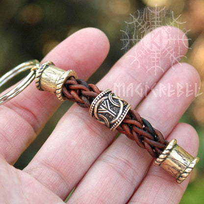Teiwaz Algiz Runes Bead, Viking Handmade Braided Brown Genuine Leather Keychain Knot