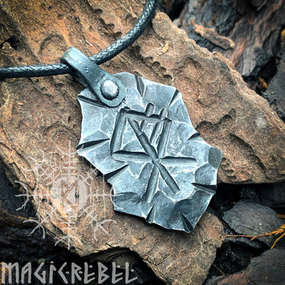 Forged Iron Wolf Rune Pendant, Viking Fenrir Runic Amulet, Nordic Rustic Hammered Talisman Necklace