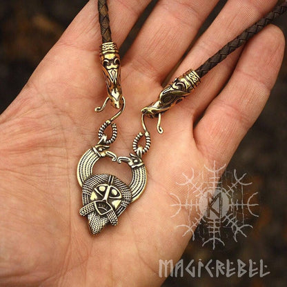 Viking Pendant Odin Huginn Muninn Ravens Gungnir Rune Gar Spear Pendant Wolf Heads Braided Leather Cord Necklace