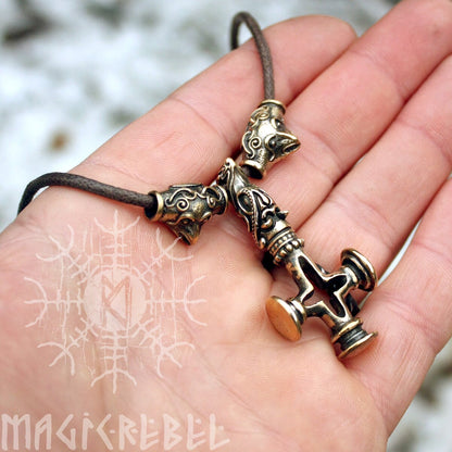 Mjolnir Thor Hammer Olaf Cross Wolf Ravens Viking Bronze Pendant Necklace