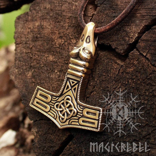 Bronze Mjölnir Pendant, Thor Hammer Avian Eagle Head, Viking Nordic Pendant Necklace