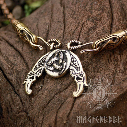 Viking pendant Valknut Futhark Odin Triple Horn Triskele Ravens Huggin Munnin Vikings Pendant Wolf Heads Leather Necklace Bronze