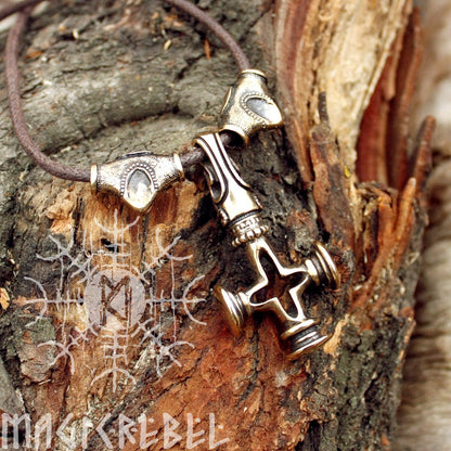 Mjolnir Thor Hammer Olaf Cross Wolf Ravens Viking Bronze Pendant Necklace
