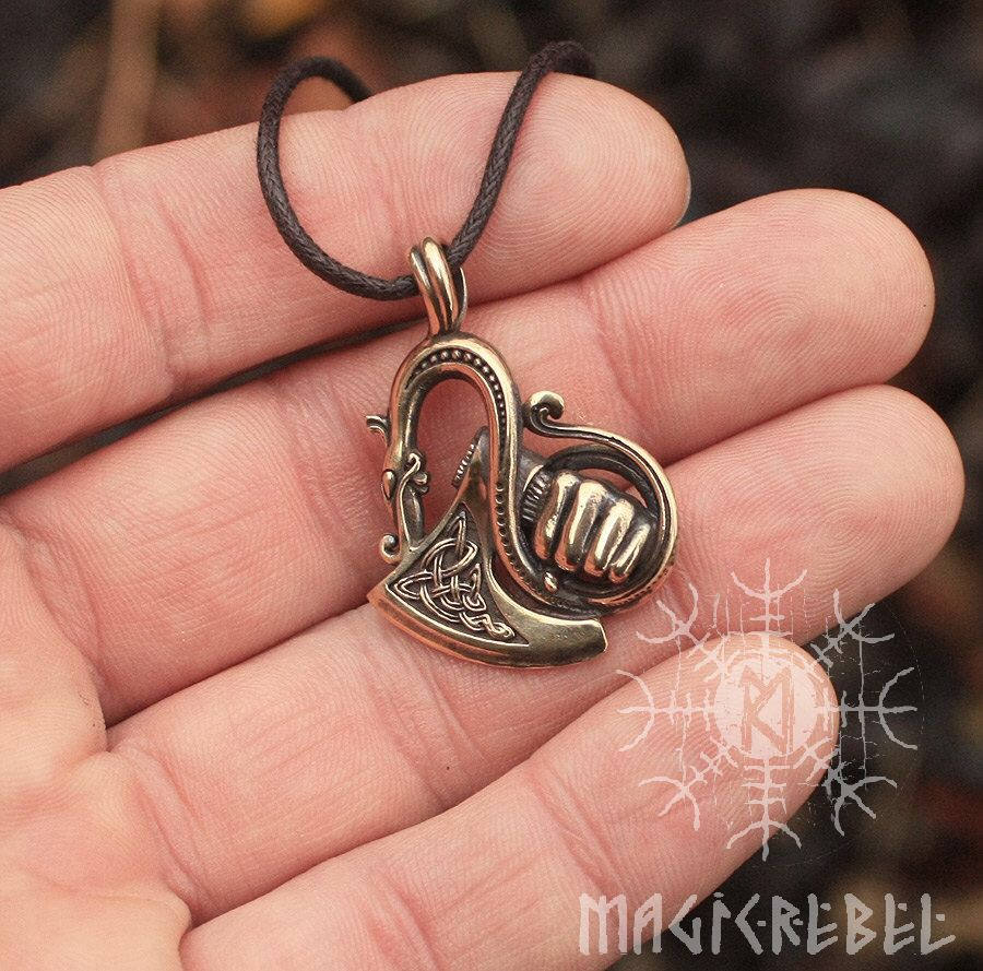 Viking Sekira Axe Dragon Pendant, Tiwaz Rune Nordic Bronze Necklace