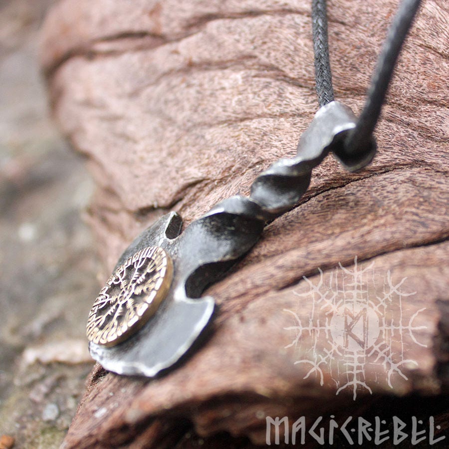 Forged Iron Thor Hammer Viking Mjolnir Bronze Aegishjalmur Helm of Awe Futhark Handmade Pendant