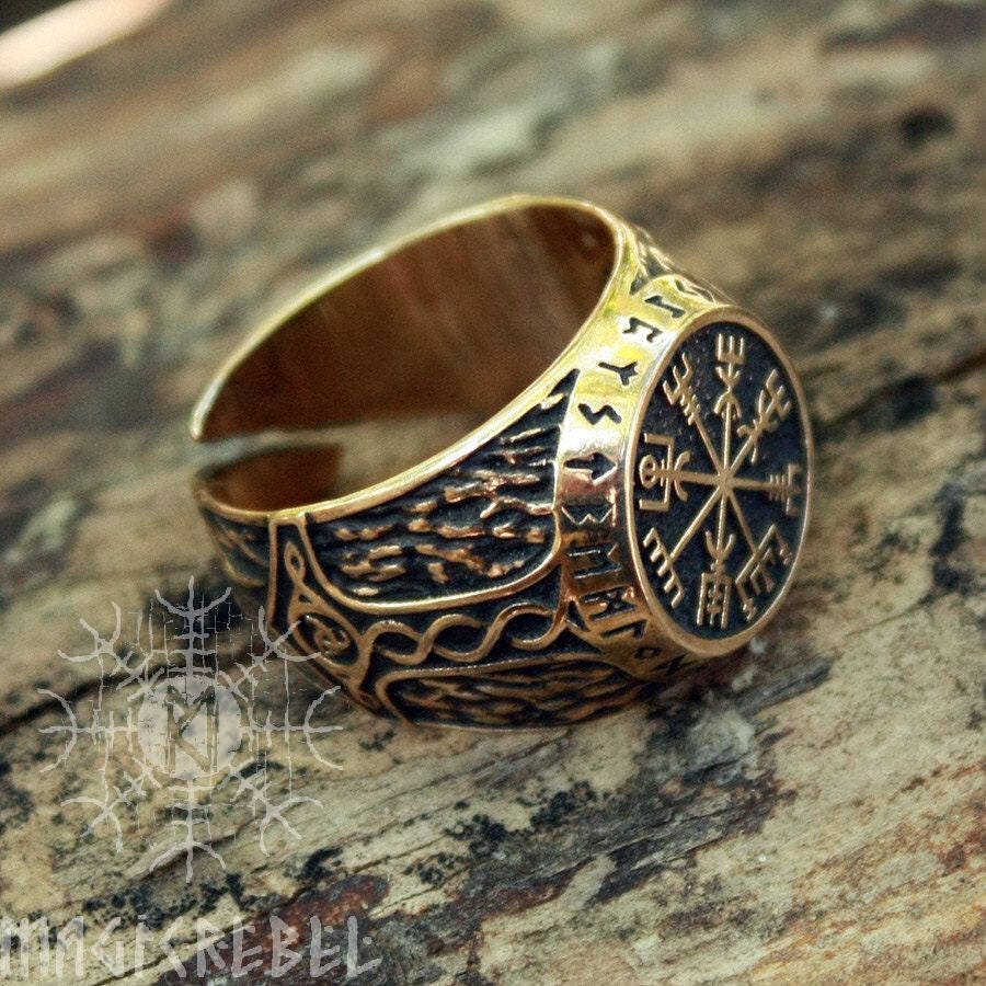 Viking Ring Vegvisir Futhark Runes Compass Magic Stave Nordic Adjustable Size Bronze