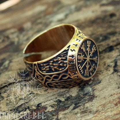 Viking Ring Vegvisir Futhark Runes Compass Magic Stave Nordic Adjustable Size Bronze