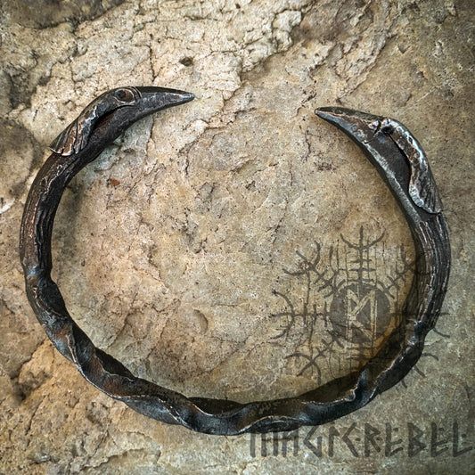 Forged Iron Arm Ring with Ravens, Odin Medieval Nordic Torc Bracelet