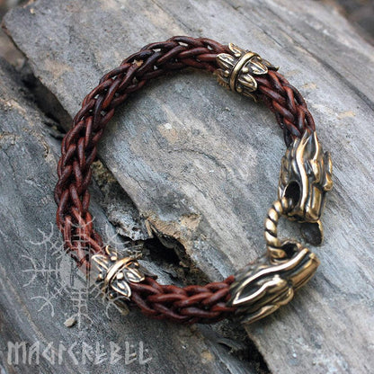 Viking Handmade Braided Brown Round Genuine Leather Bracelet with Bronze Wolf Heads
