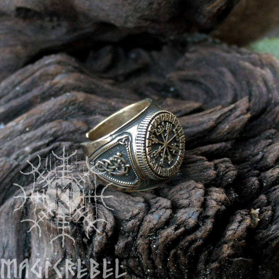 Viking Style Vegvisir Bronze Ring, Adjustable Size Nordic Futhark Jewelry
