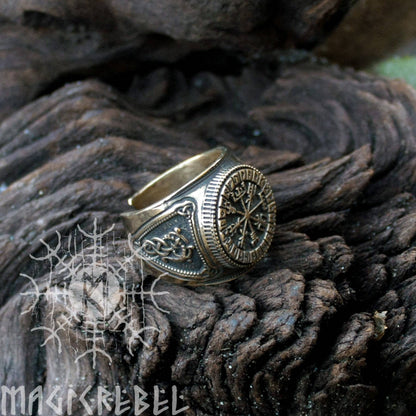 Viking Style Vegvisir Bronze Ring, Adjustable Size Nordic Futhark Jewelry